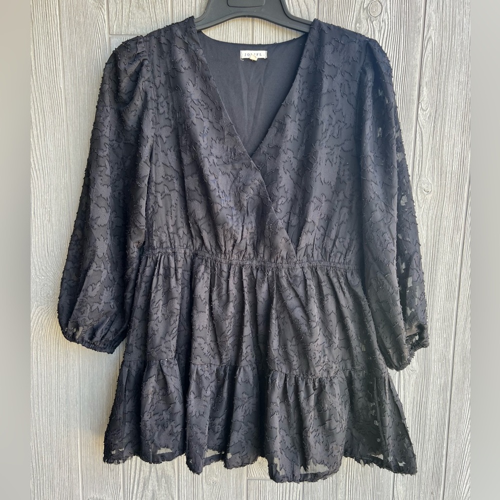 JODIFL Black Textured Floral Peasant Top Small Tiered Babydoll Boho Blouse